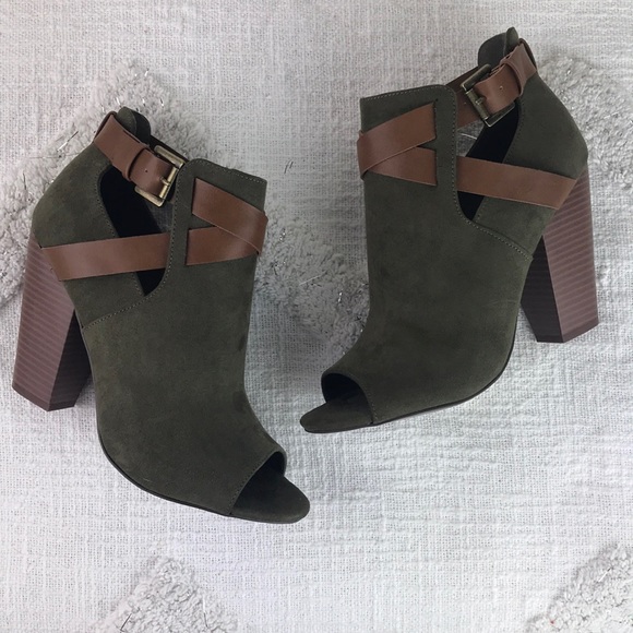 Shoes - JustFab Army Green Buckle Peep Toe Bootie